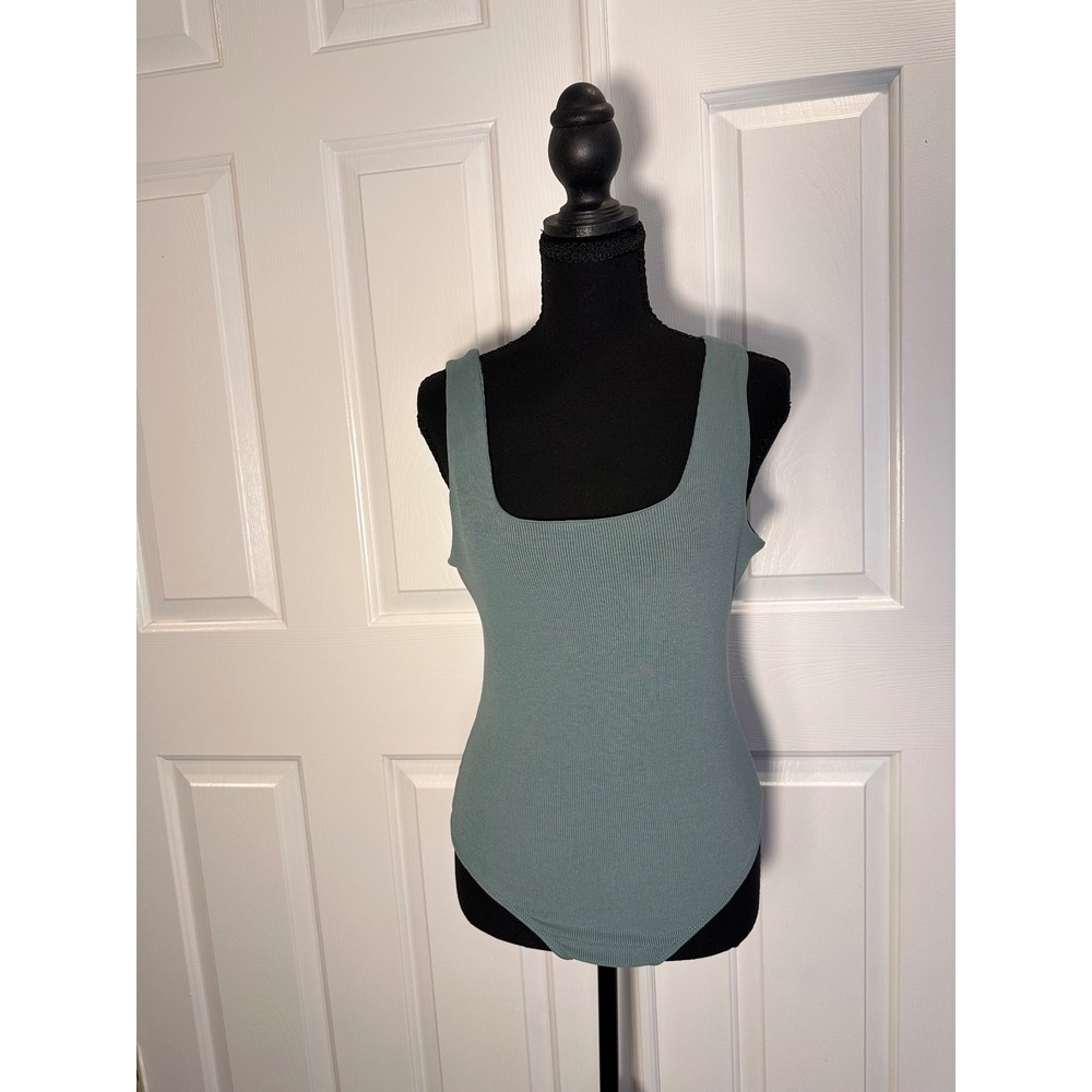 Akira Paxton Ribbed Bodysuit Sage Green Teal Square Neck Sleeveless XL
